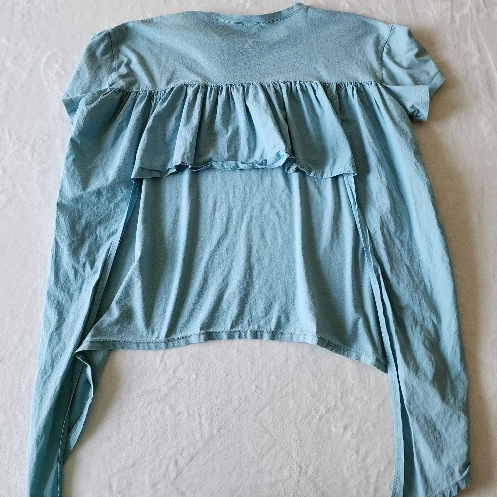 Zara Trafaluc High Low Ruffle Back Tee Womens M Blue Oversized Prairie Shirt Top - Picture 9 of 10